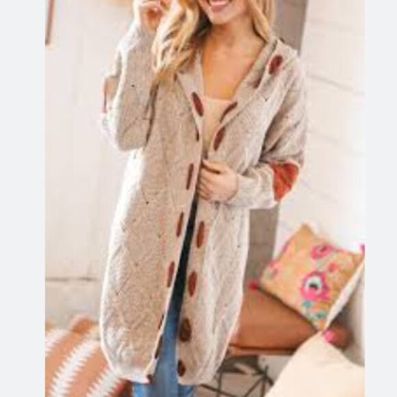 Large Camisa light gray hooded cardigan with brown elbow patches and stitching - Picture 8 of 13